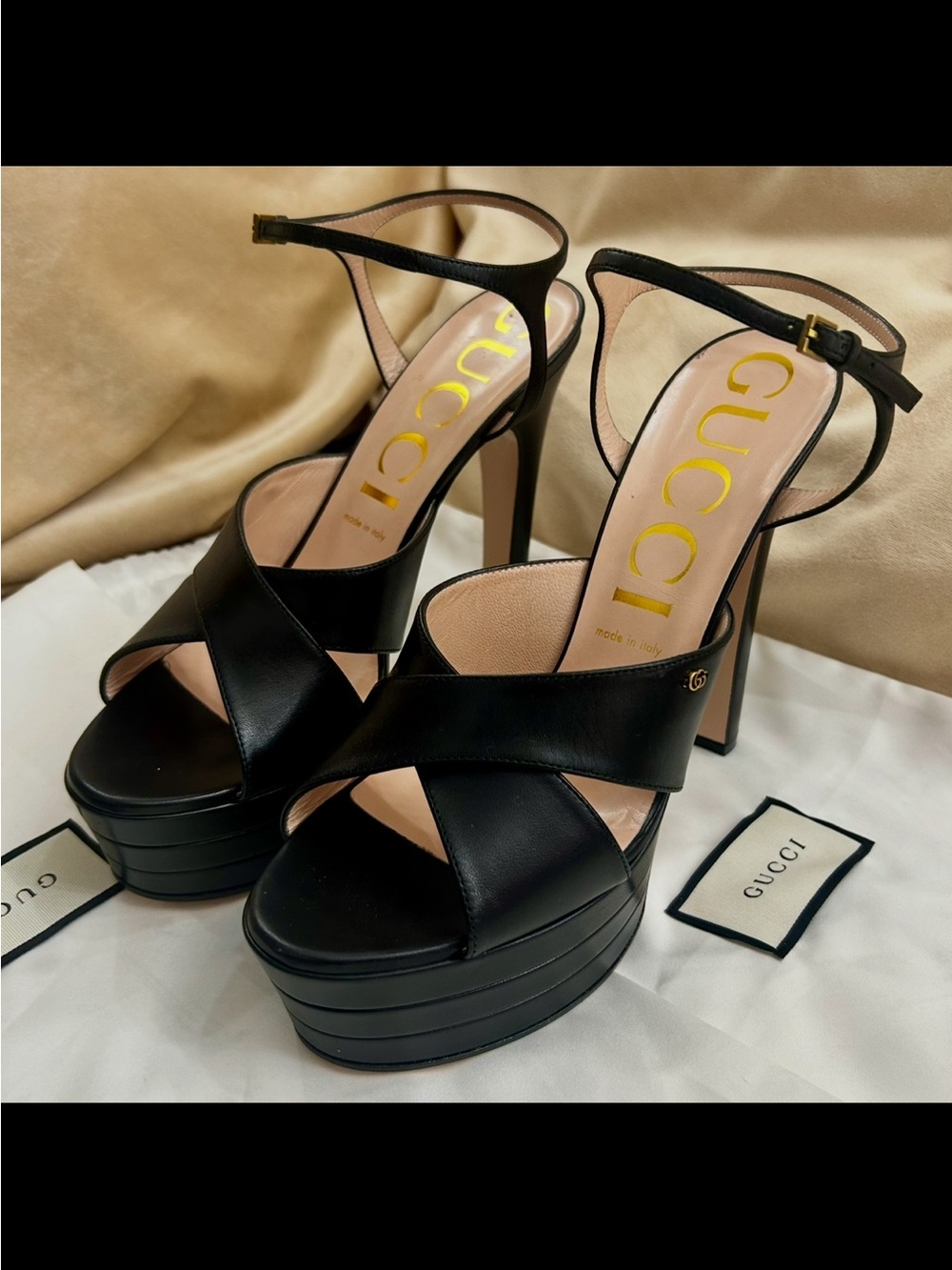 Gucci Black Leather Platform Sandals with Ankle Strap